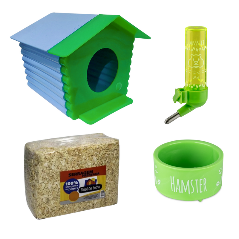 Kit Hamster - Comedouro, Bebedouro, Casinha e Maravalha